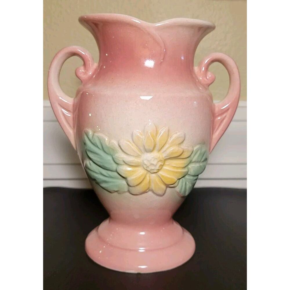 Vintage Hull Sunglow Pink Rose Yellow Daisy Double Handle Vase Pottery